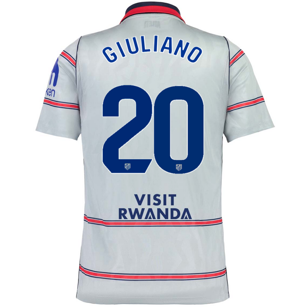 Back view of a light gray soccer jersey with blue and red trim, featuring the name GIULIANO and number 20 on the back, with 'VISIT RWANDA' printed below.