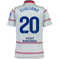 Back view of a light gray soccer jersey with blue and red trim, featuring the name GIULIANO and number 20 on the back, with 'VISIT RWANDA' printed below.